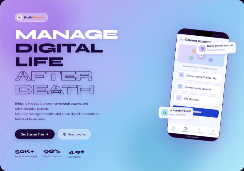 PathFinder app hero mockup — manage digital life after death